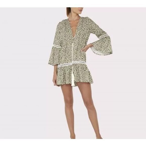 Palmacea Boho Leopard Print Bell Sleeve Beach Coverup Tunic - Picture 1 of 7